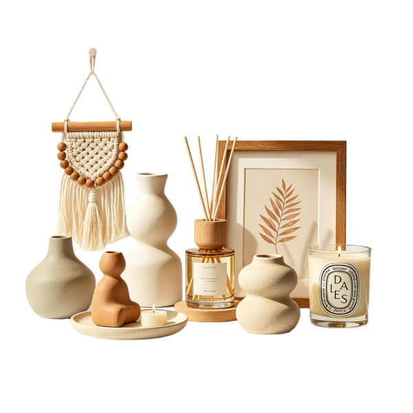 Minimalist Neutral Decor Set | Wood Art Frame, Reed Diffuser & Scented Candle for Coffee Table