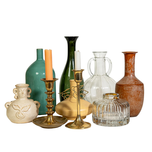 Vintage Eclectic Vase & Brass Candle Holder Set | Earthy Boho Home Decor Bundle