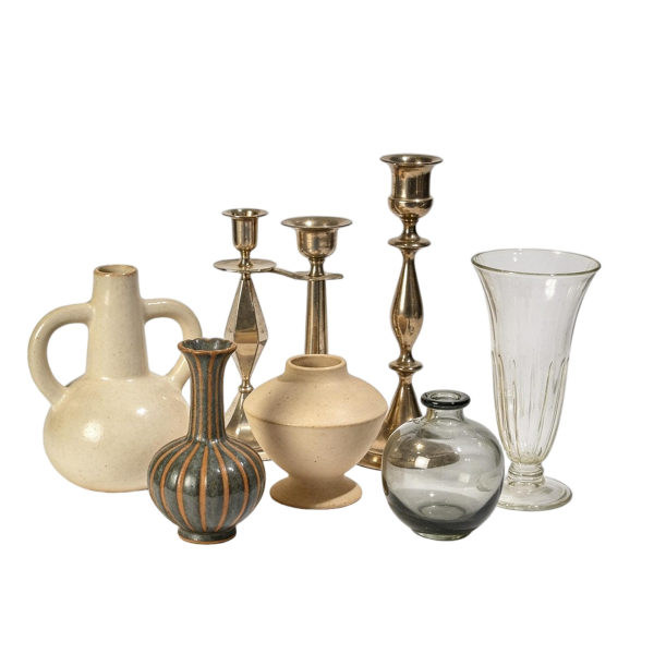 Rustic Mixed-Material Vase & Silver Candle Holder Set | Vintage Home Decor Bundle