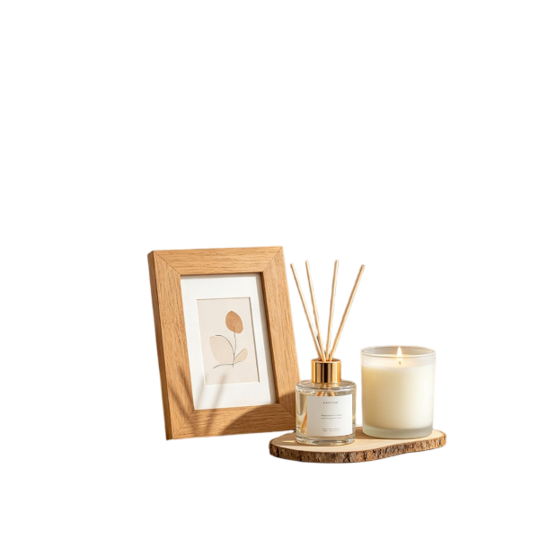 Warm Neutral Vase & Fragrance Set with Wood Frame | Dried Flower & Candle Home Decor